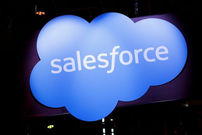 A logo of Salesforce is seen at its exhibition space, at the Viva Technology conference dedicated to innovation and startups at the Porte de Versailles exhibition center in Paris, France June 16, 2022. REUTERS/Benoit Tessier