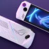 The Asus ROG Ally gaming handheld, pictured from the back and the front.
