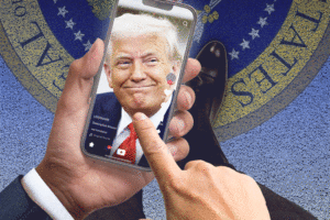 Illustration of a hand holding a phone displaying a TikTok video of Donald Trump, superimposed on a presidential seal.