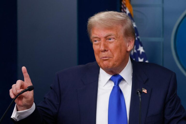 President Donald Trump speaks during a press conference in the James Brady Briefing Room at the White House, on June 27,2025 in Washington D.C.,