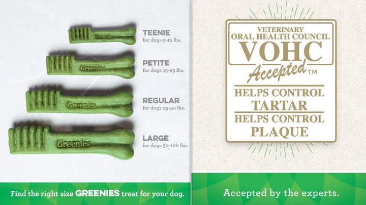 Greenies dental treats have been given a seal of approval by the Veterinarian Oral Health Council (VOHC) and come in options for dogs and cats.