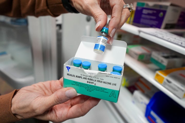 Vials of the MMR vaccine on display in Lubbock, Texas, in February.