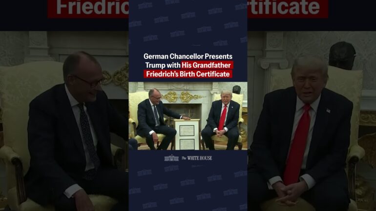 German Chancellor Merz presents POTUS with the birth certificate of President Trump's Grandfather