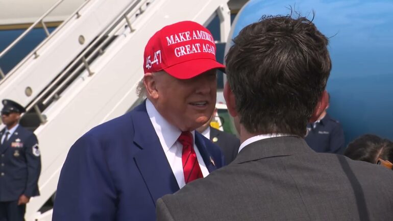 President Trump Gaggles with Press at Morristown Municipal Airport, June 20, 2025