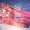Chinese flag over digital code background
