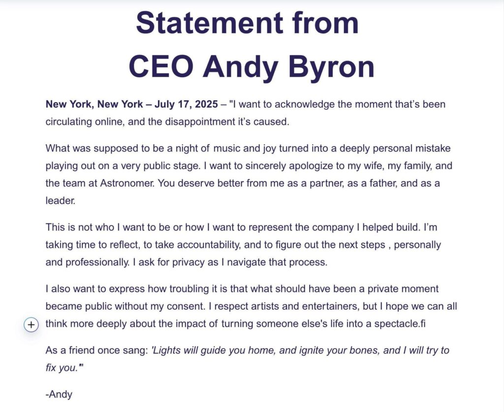 Astronomer CEO Exposed By Coldplay For (Allegedly) Having An Affair Releases TRAINWRECK of a Statement * 100PercentFedUp.com * by Noah