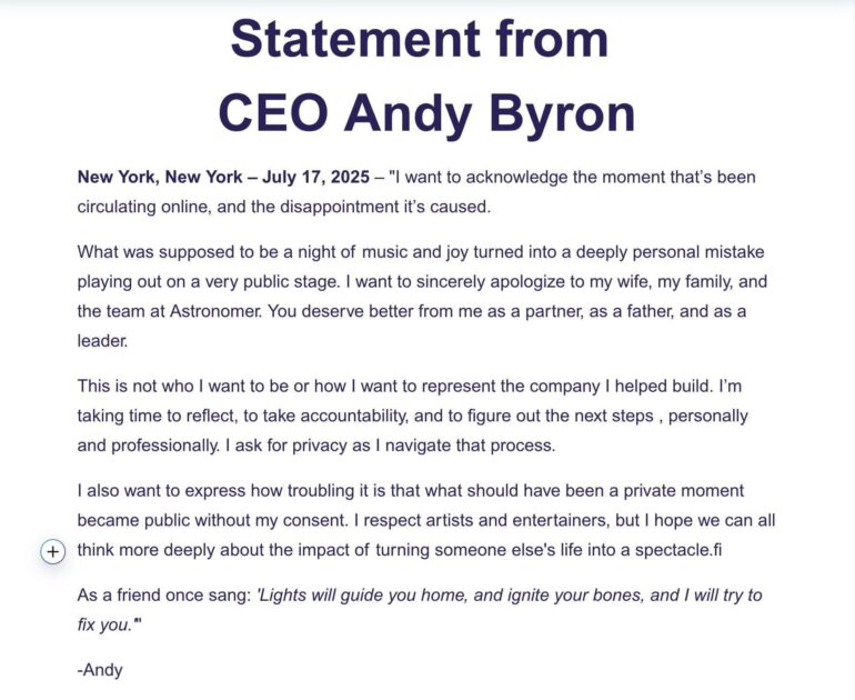 Astronomer CEO Exposed By Coldplay For (Allegedly) Having An Affair Releases TRAINWRECK of a Statement * 100PercentFedUp.com * by Noah