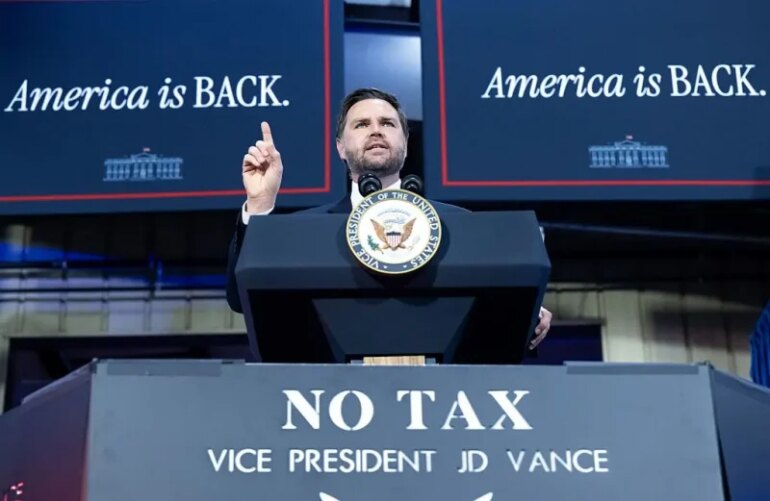 US Vice President JD Vance delivers remarks on the "One Big Beautiful Bill Act" at Don's Machine Shop in West Pittston, Pennsylvania, on July 16, 2025. US President Donald Trump signed his flagship tax and spending bill into law on July 4. (Photo by SAUL LOEB / AFP) (Photo by SAUL LOEB/AFP via Getty Images)