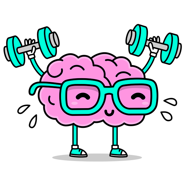 Brain lifting dumbbells with sweat and wearing glasses
