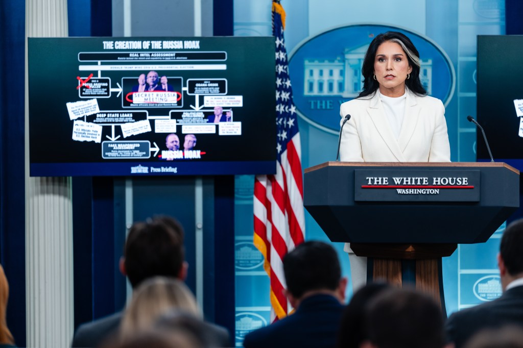 Tulsi Gabbard, Director of National Intelligence (DNI), speaks during a news conference in the James S. Brady Press Briefing Room of the White House in Washington, DC, US, on Wednesday, July 23, 2025.