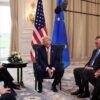 U.S. President Donald Trump speaks, while sat with European Commission President Ursula von der Leyen, after an announcement of a trade deal between the U.S. and EU, in Turnberry, Scotland, Britain, July 27, 2025.