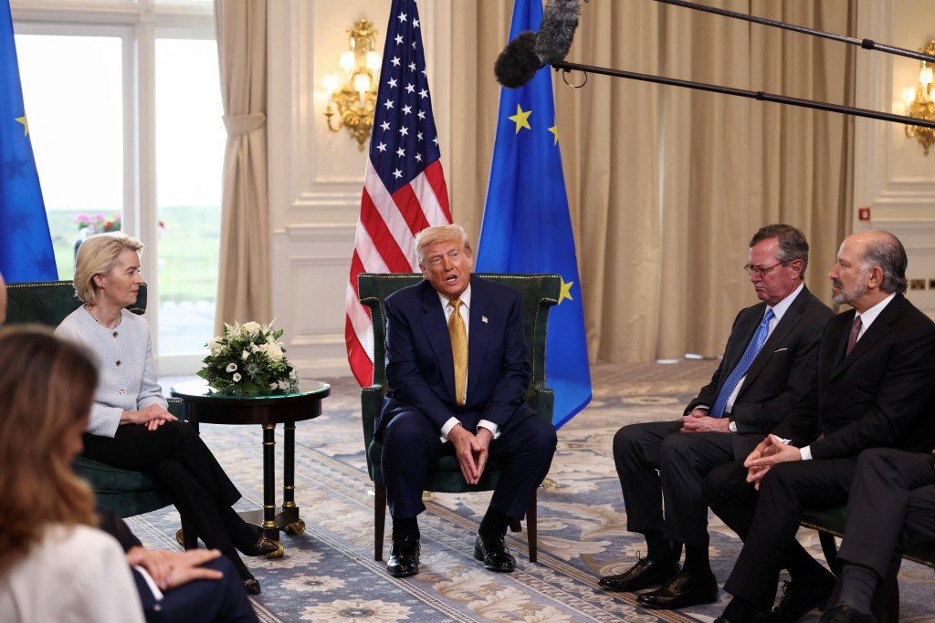 U.S. President Donald Trump speaks, while sat with European Commission President Ursula von der Leyen, after an announcement of a trade deal between the U.S. and EU, in Turnberry, Scotland, Britain, July 27, 2025.