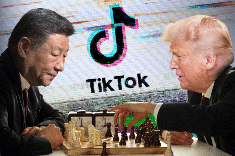 Illustration of Xi Jinping and Donald Trump playing chess, with a TikTok logo in the background.