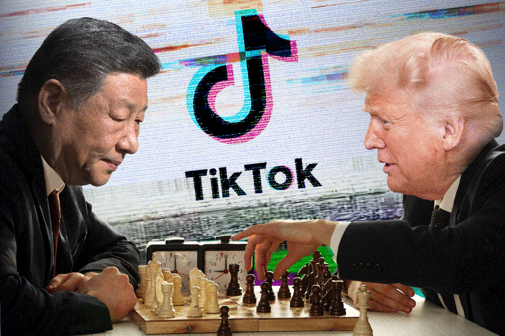 Illustration of Xi Jinping and Donald Trump playing chess, with a TikTok logo in the background.