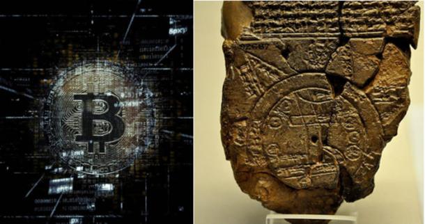 Left; Bitcoin Logo image, Right; Babylonian map of the world clay tablet.