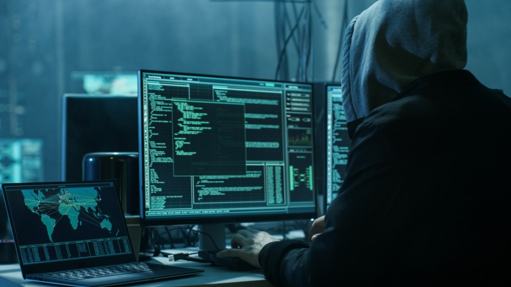 Hooded hacker working on multiple computer screens displaying code and a world map.