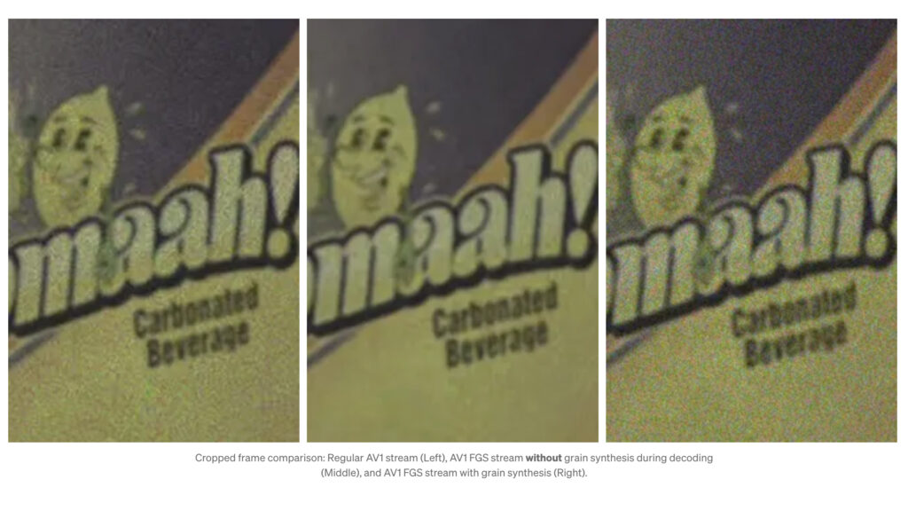 Three crops of a movie still showing the effect of Netflix's new AV1 FGS tech