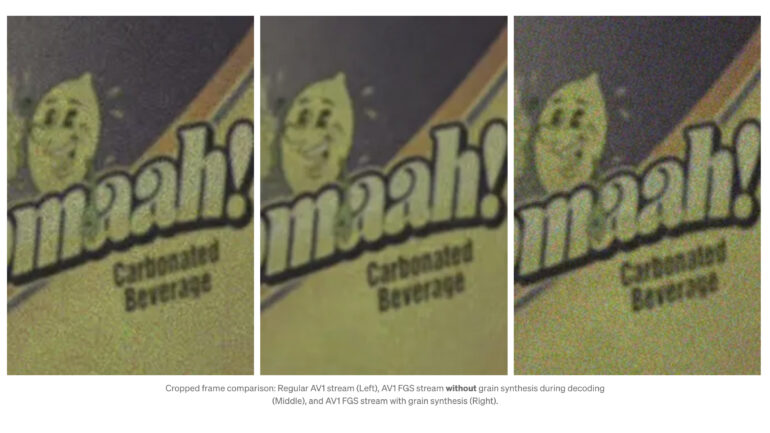 Three crops of a movie still showing the effect of Netflix's new AV1 FGS tech