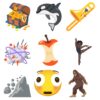 Illustration of new emojis: treasure chest, orca, trombone, exploding head, apple core, ballet dancer, landslide, and bigfoot.
