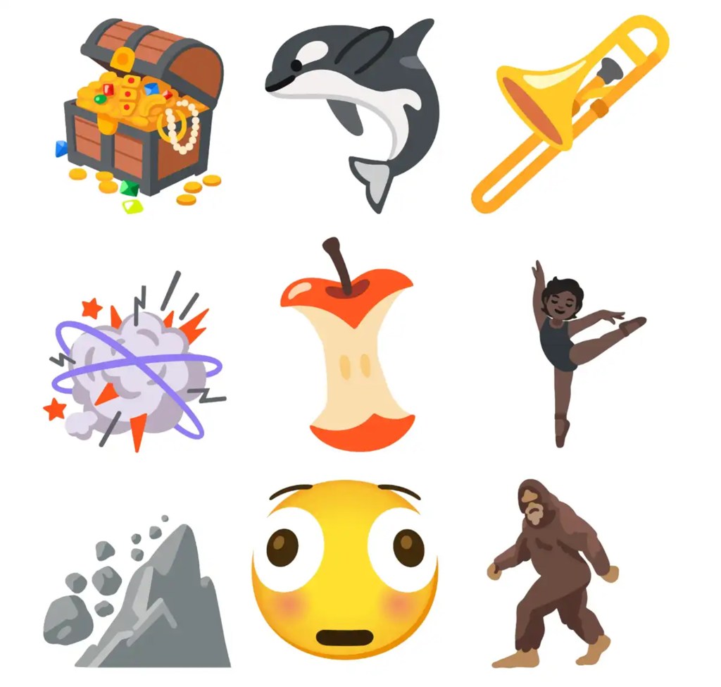 Illustration of new emojis: treasure chest, orca, trombone, exploding head, apple core, ballet dancer, landslide, and bigfoot.