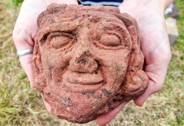 An intricately carved medieval sandstone head discovered during archaeological excavations at Skaill Farm on the island of Rousay, Orkney