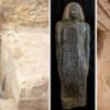 The massive pink granite false door discovered at Prince Userefre's tomb, statue from the tomb, offering table.