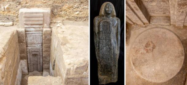 The massive pink granite false door discovered at Prince Userefre's tomb, statue from the tomb, offering table.