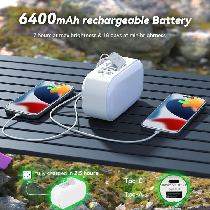 The lantern not only provides light, but can also charge devices with its USB-A and USB-C ports.