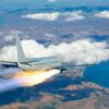 Passenger airplane with rocket engine flying over countryside