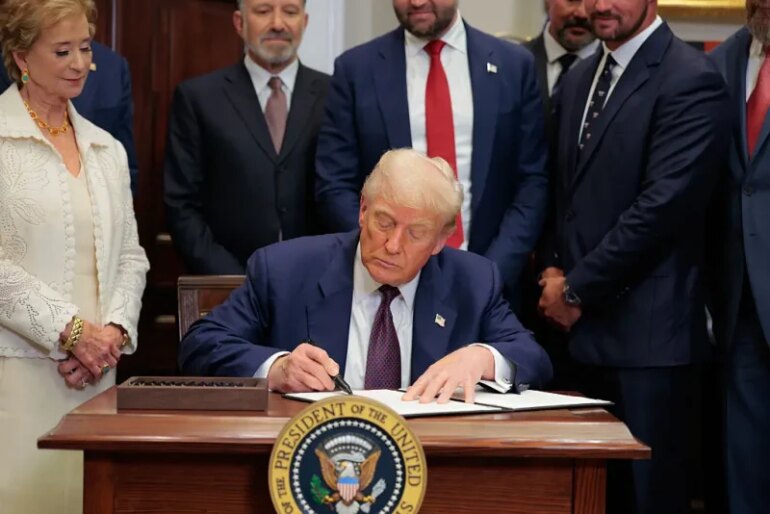 WASHINGTON, DC - JULY 31: U.S. President Donald Trump signs an executive order in the Roosevelt Room of the White House on July 31, 2025 in Washington, DC. Trump signed a series of orders that will expand on his council on sports, fitness and nutrition, including by reviving the Presidential Fitness Test in public schools. (Photo by Anna Moneymaker/Getty Images)
