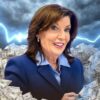 Illustration of Gov. Kathy Hochul amid piles of money and lightning bolts.