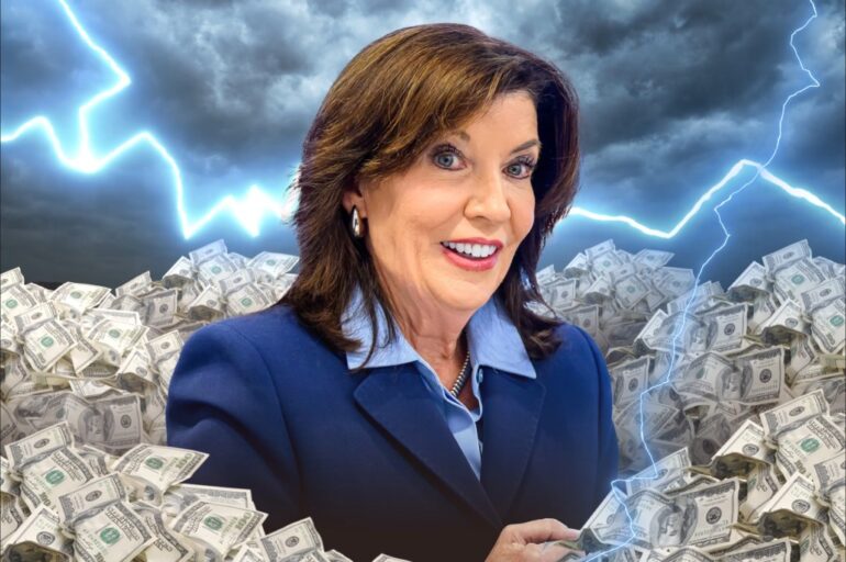 Illustration of Gov. Kathy Hochul amid piles of money and lightning bolts.
