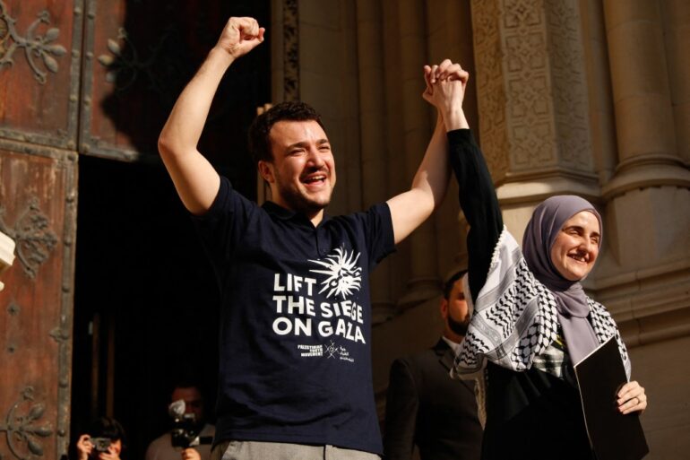 Mahmoud Khalil and Noor Abdalla celebrating Khalil's release from US custody.