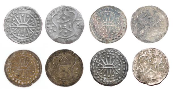 Select coins cast from pair O1/R1, from the Konlah Lan hoard, Angkor Borei