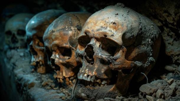 Plague victims remains representated by skulls, AI generative