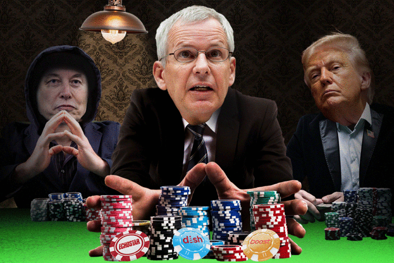 Illustration of Elon Musk, Charlie Ergen, and Donald Trump playing poker.