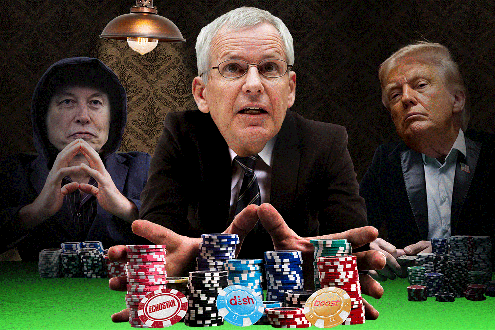 Illustration of Elon Musk, Charlie Ergen, and Donald Trump playing poker.