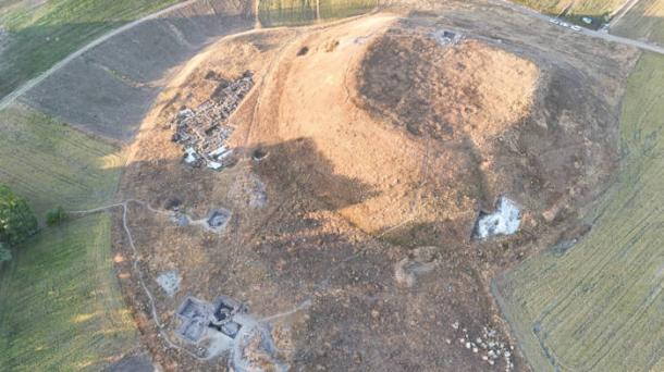 Aerial view of Uşaklı Höyük archaeological excavation showing large mound