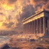 Representation of a Greek beach, ruins, with ominous sky.