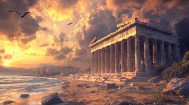 Representation of a Greek beach, ruins, with ominous sky.