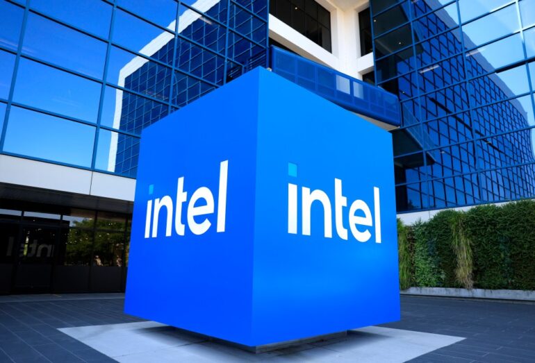 Intel logo outside Intel headquarters.