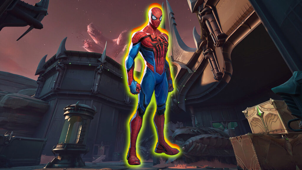 Spider-Man outlined in gold and red, against Klyntar