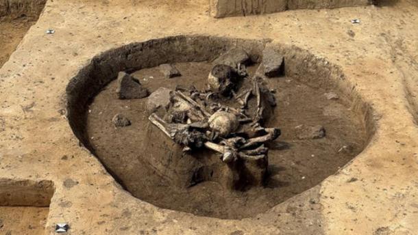 Sacrificial pit of the Salzmünde Culture at Gerstewitz, containing dog bones, a human skull, charred house wall remains, and a horn core.
