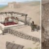Left; artists impression of the wine press set up. Right; The large Iron Age wine press at Tell el-Burak