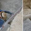 Archaeological excavation site at Mugtepa settlement showing the ancient water pipeline system and ceramic kubur pipes