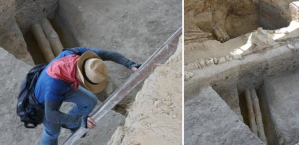 Archaeological excavation site at Mugtepa settlement showing the ancient water pipeline system and ceramic kubur pipes