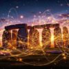 Ancient megalithic site glowing with vibrant subatomic wave patterns, ethereal particles, twilight.