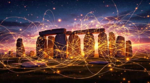 Ancient megalithic site glowing with vibrant subatomic wave patterns, ethereal particles, twilight.