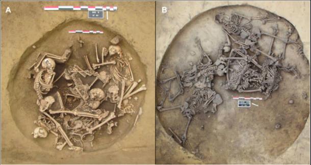 Overhead views of Stone Age pits filled with human skeletons excavated in France