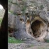 The entrance to Skhul Cave on Mount Carmel, Israel, with Inset; Skhul 1 skull.